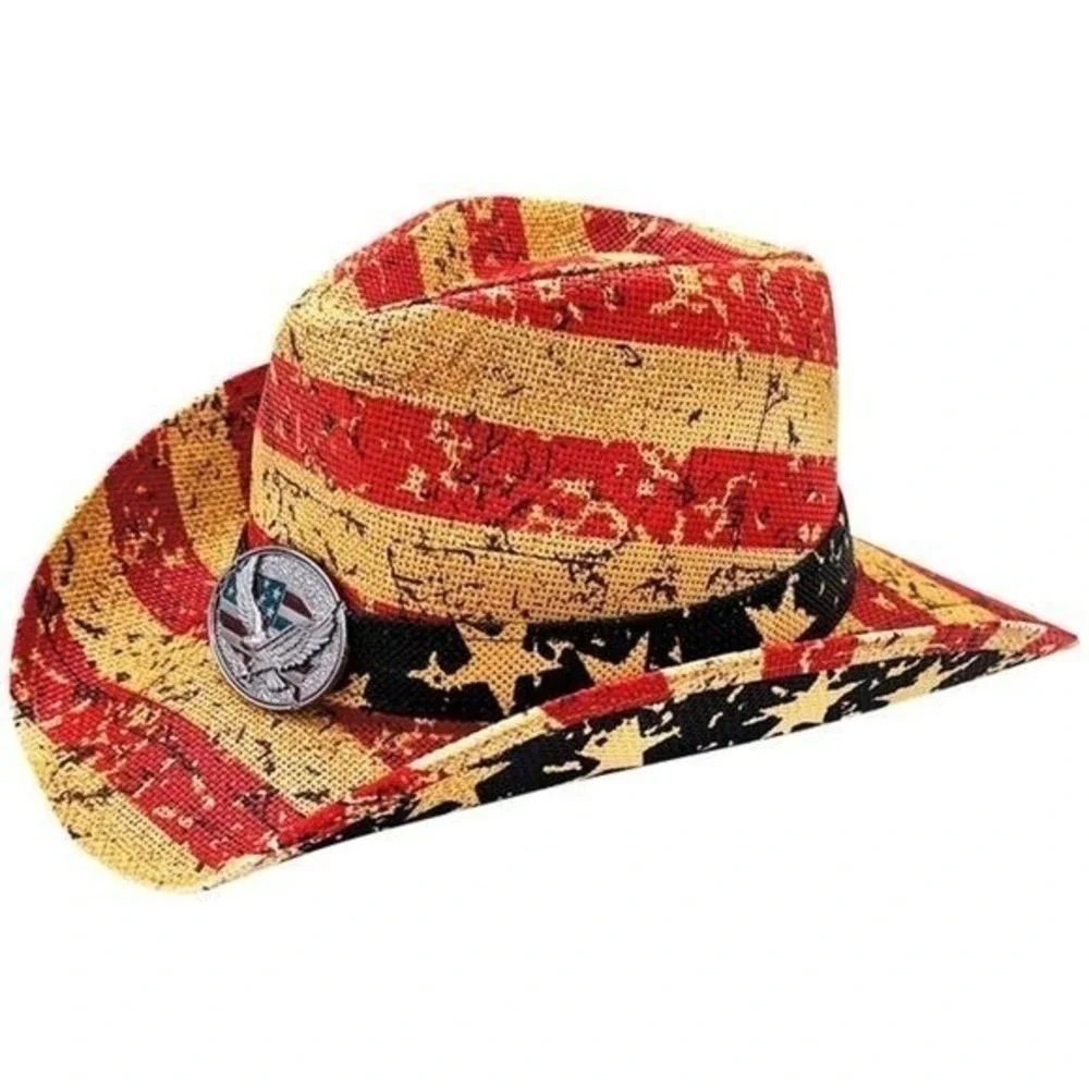 Tea Stained Vintage Paper Straw American Flag Fashion‎ Cowboy Hat NWT
